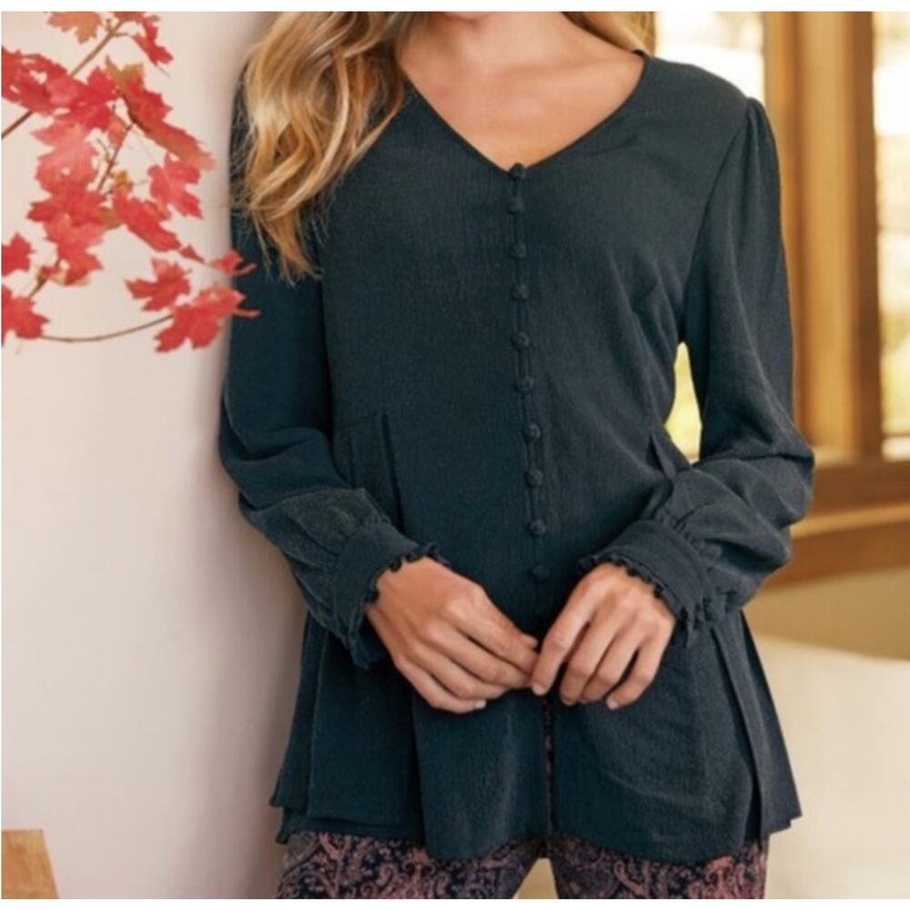Soft Surroundings Womens Chiara Top Large Soft Black V Neck Long Sleeve